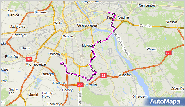 Mapa Polski Targeo, Autobus 148 - trasa WIATRACZNA - LOTNISKO CHOPINA. ZTM Warszawa na mapie Targeo