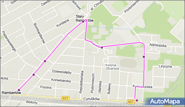 Mapa Polski Targeo, Autobus 196 - trasa PKP REMBERTÓW - REMBERTÓW-KOLONIA. ZTM Warszawa na mapie Targeo