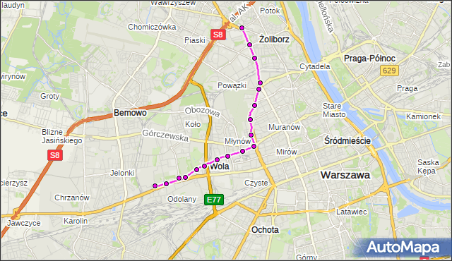 Mapa Polski Targeo, Tramwaj 27 - trasa METRO MARYMONT - CM.WOLSKI. ZTM Warszawa na mapie Targeo