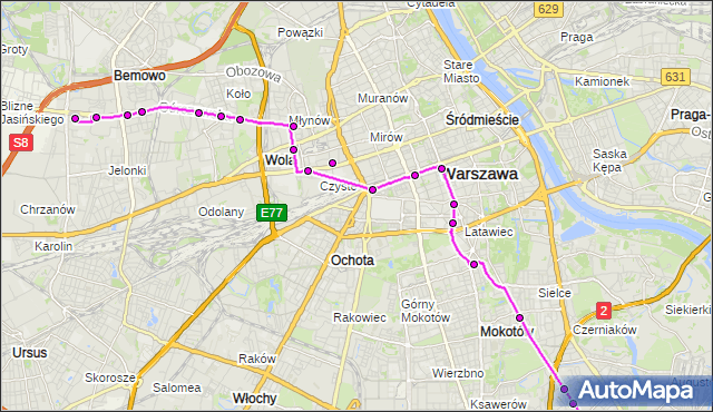 Mapa Polski Targeo, Autobus 501 - trasa OS.GÓRCZEWSKA - STEGNY. ZTM Warszawa na mapie Targeo