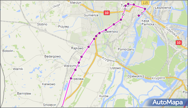 Mapa Polski Targeo, Autobus 81 - trasa Dworzec Główny - Kołbaskowo. ZDiTM Szczecin na mapie Targeo