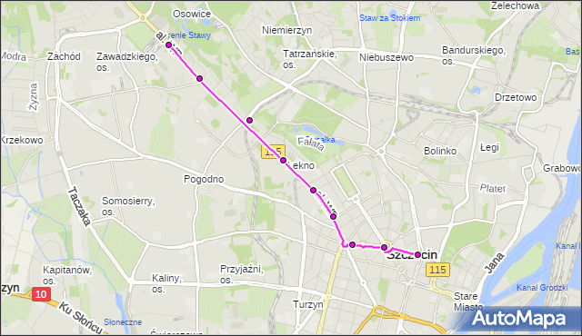 Mapa Polski Targeo, Tramwaj 10 - trasa Zajezdnia Pogodno - Plac Rodła. ZDiTM Szczecin na mapie Targeo