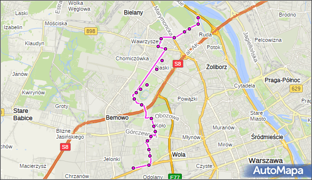 Mapa Polski Targeo, Autobus 197 - trasa GWIAŹDZISTA - CM.WOLSKI. ZTM Warszawa na mapie Targeo