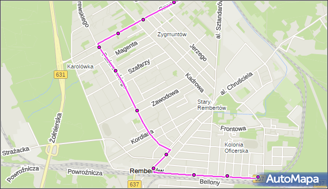 Mapa Polski Targeo, Autobus 153 - trasa REMBERTÓW-KOLONIA - MOKRY ŁUG. ZTM Warszawa na mapie Targeo