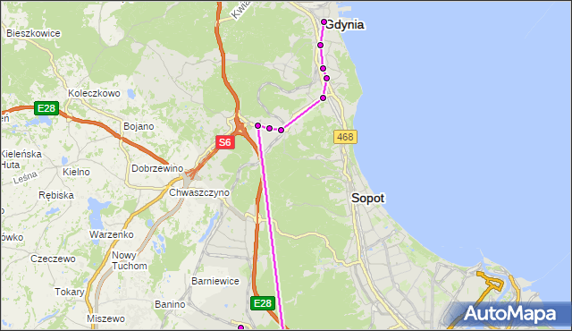 Mapa Polski Targeo, Autobus 510 - trasa Armii Krajowej - Port Lotniczy Gdańsk. ZKMGdynia na mapie Targeo