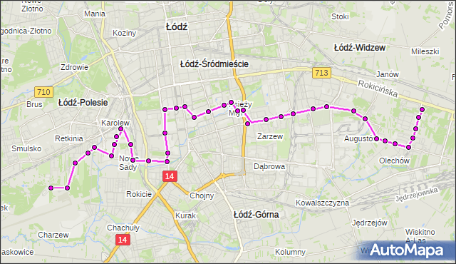 Mapa Polski Targeo, Autobus 55 - trasa Janów - Lotnisko(Plocka). MPKLodz na mapie Targeo