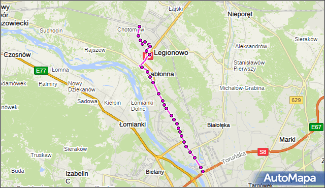 Mapa Polski Targeo, Autobus 723 - trasa PKP LEGIONOWO-PRZYSTANEK LG - ŻERAŃ FSO. ZTM Warszawa na mapie Targeo