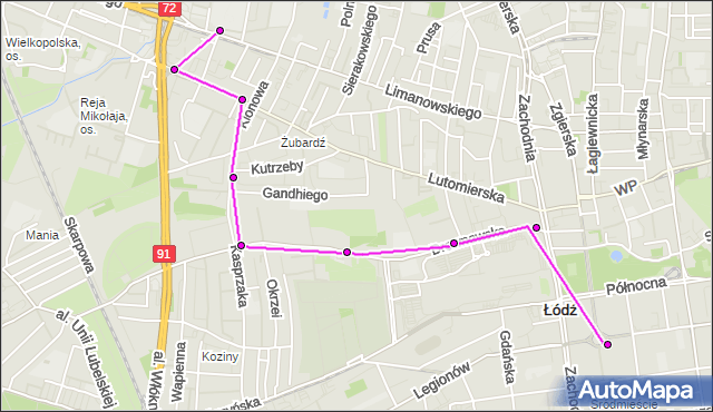 Mapa Polski Targeo, Autobus 78 - trasa plac Wolności - zajezdnia LIMANOWSKIEGO. MPKLodz na mapie Targeo
