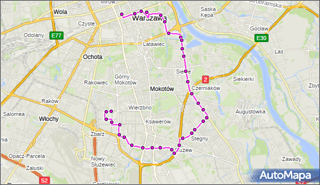 Mapa Polski Targeo, Autobus N33 - trasa DW.CENTRALNY - ZAJEZDNIA WORONICZA. ZTM Warszawa na mapie Targeo