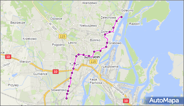 Mapa Polski Targeo, Tramwaj 12 - trasa Pomorzany - Zajezdnia Golęcin. ZDiTM Szczecin na mapie Targeo