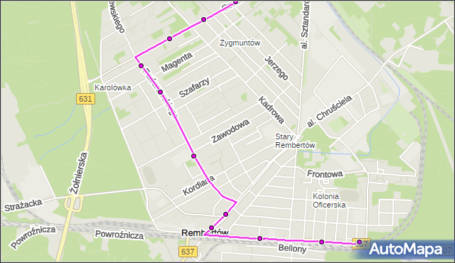Mapa Polski Targeo, Autobus 153 - trasa MOKRY ŁUG - REMBERTÓW-KOLONIA. ZTM Warszawa na mapie Targeo