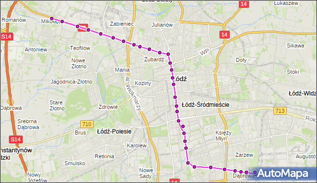 Mapa Polski Targeo, Tramwaj 2 - trasa Szczecińska - Dąbrowa. MPKLodz na mapie Targeo
