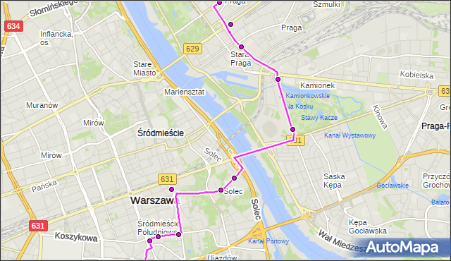 Mapa Polski Targeo, Autobus 101 - trasa METRO POLITECHNIKA - PL.HALLERA. ZTM Warszawa na mapie Targeo