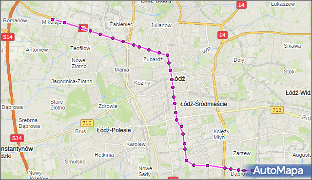 Mapa Polski Targeo, Tramwaj 2 - trasa Dąbrowa - Szczecińska. MPKLodz na mapie Targeo