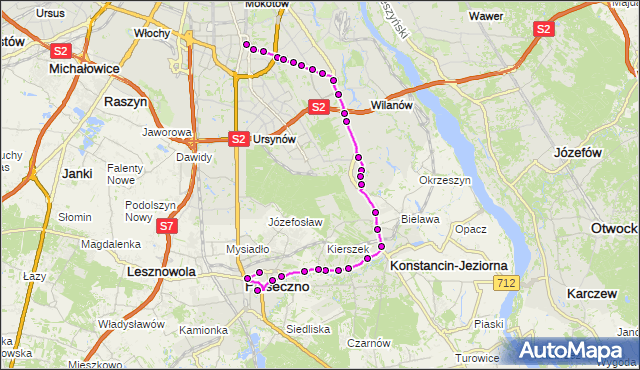 Mapa Polski Targeo, Autobus 724 - trasa METRO WILANOWSKA - POLKOLOR PS. ZTM Warszawa na mapie Targeo