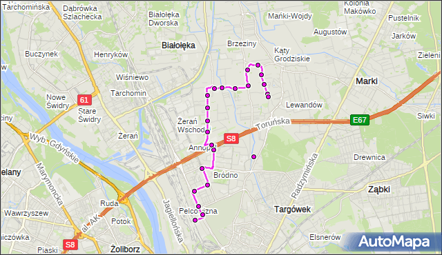 Mapa Polski Targeo, Autobus 204 - trasa PKP PRAGA - OS.DERBY. ZTM Warszawa na mapie Targeo
