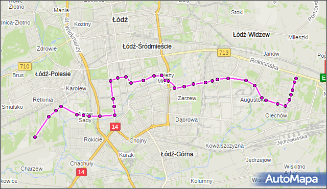 Mapa Polski Targeo, Autobus 55 - trasa - Janów. MPKLodz na mapie Targeo