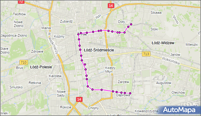Mapa Polski Targeo, Tramwaj 2 - trasa Dąbrowa - ET-1. MPKLodz na mapie Targeo
