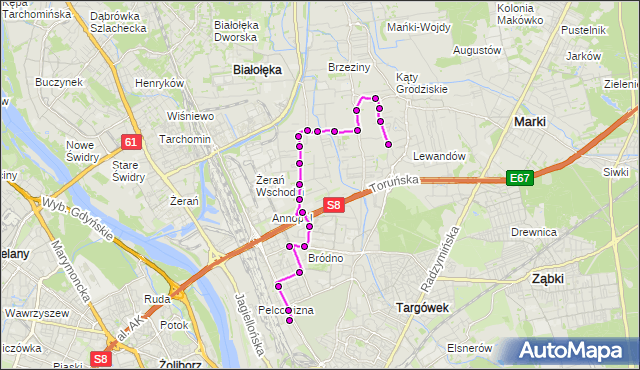 Mapa Polski Targeo, Autobus 204 - trasa OS.DERBY - PKP PRAGA. ZTM Warszawa na mapie Targeo