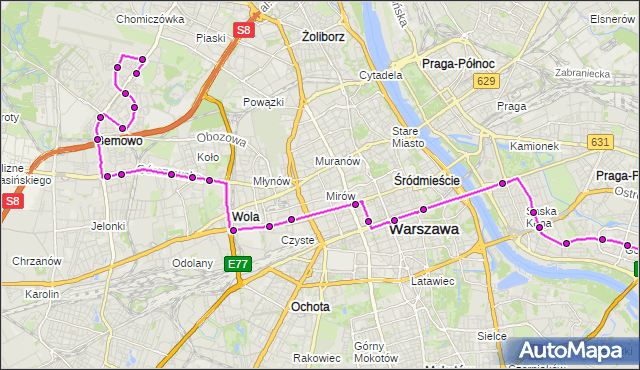 Mapa Polski Targeo, Autobus 507 - trasa NOWE BEMOWO - GOCŁAW. ZTM Warszawa na mapie Targeo