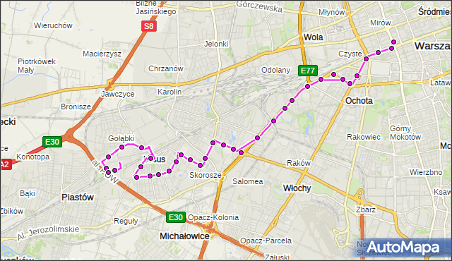 Mapa Polski Targeo, Autobus N35 - trasa DW.CENTRALNY - URSUS-NIEDŹWIADEK. ZTM Warszawa na mapie Targeo