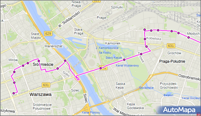 Mapa Polski Targeo, Autobus 102 - trasa DW.CENTRALNY - PKP OLSZYNKA GROCHOWSKA. ZTM Warszawa na mapie Targeo