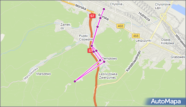 Mapa Polski Targeo, Autobus 114 - trasa Chylonia Centrum - Chylonia Dworzec PKP. ZKMGdynia na mapie Targeo