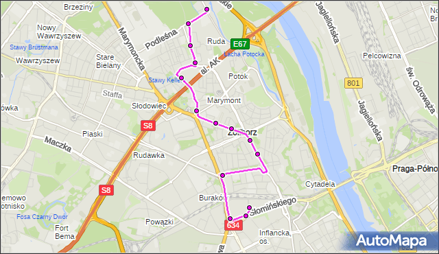 Mapa Polski Targeo, Autobus 205 - trasa CH ARKADIA - GWIAŹDZISTA. ZTM Warszawa na mapie Targeo