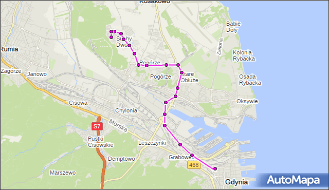 Mapa Polski Targeo, Autobus 194 - trasa Gdynia Dworzec Gł. PKP - Hala - Suchy Dwór. ZKMGdynia na mapie Targeo