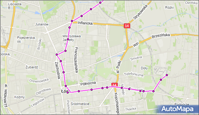 Mapa Polski Targeo, Tramwaj 3 - trasa Wycieczkowa - ET-1. MPKLodz na mapie Targeo