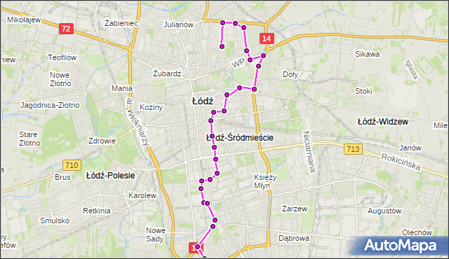 Mapa Polski Targeo, Autobus 57 - trasa Marysińska (stadion) - Karpacka. MPKLodz na mapie Targeo