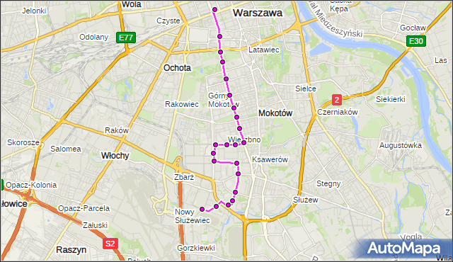 Mapa Polski Targeo, Autobus N36 - trasa BOKSERSKA - DW.CENTRALNY. ZTM Warszawa na mapie Targeo