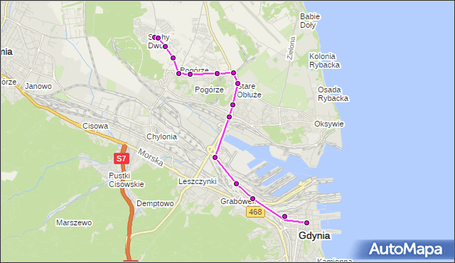 Mapa Polski Targeo, Autobus 194 - trasa Suchy Dwór - Kruczkowskiego - Plac Kaszubski. ZKMGdynia na mapie Targeo