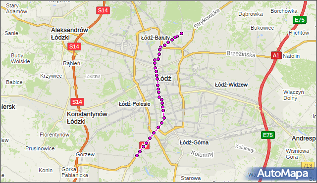 Mapa Polski Targeo, Tramwaj 3 - trasa Wycieczkowa - ET-2. MPKLodz na mapie Targeo