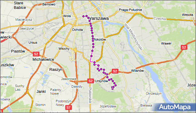 Mapa Polski Targeo, Autobus N37 - trasa OS.KABATY - DW.CENTRALNY. ZTM Warszawa na mapie Targeo