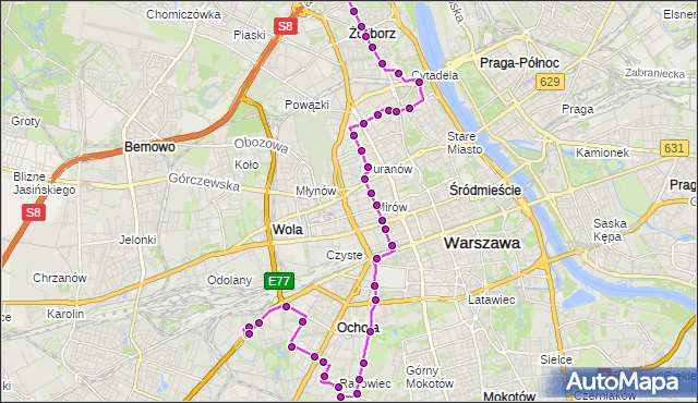 Mapa Polski Targeo, Autobus 157 - trasa CH REDUTA - GWIAŹDZISTA. ZTM Warszawa na mapie Targeo