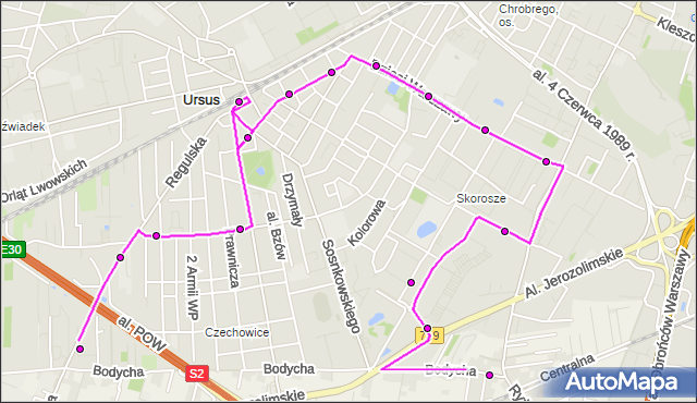 Mapa Polski Targeo, Autobus 207 - trasa WKD OPACZ MI - REGULSKA. ZTM Warszawa na mapie Targeo