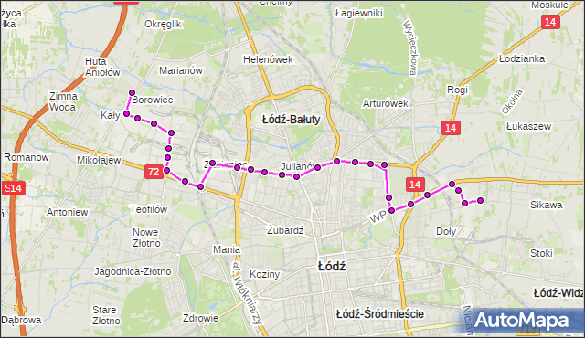 Mapa Polski Targeo, Autobus 81 - trasa Stokowska - Szczecińska (cmentarz). MPKLodz na mapie Targeo