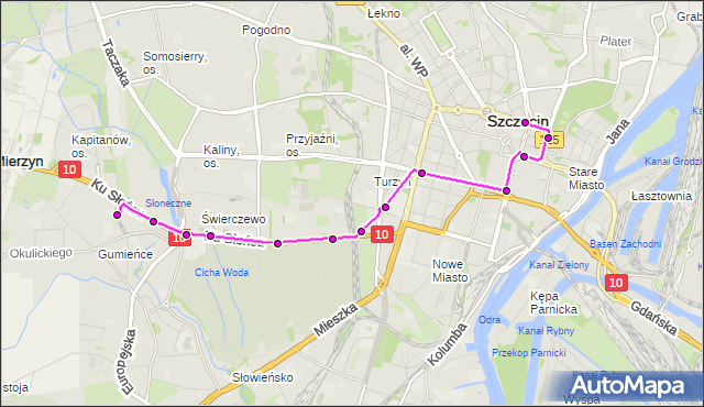 Mapa Polski Targeo, Tramwaj 10 - trasa Plac Rodła - Gumieńce. ZDiTM Szczecin na mapie Targeo