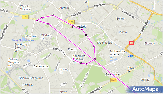 Mapa Polski Targeo, Autobus 10 - trasa - DWORZEC PKP(157)(nr inw. 157). BKM na mapie Targeo