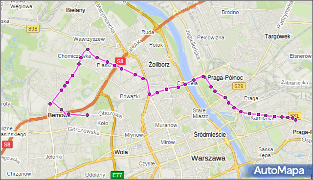 Mapa Polski Targeo, Tramwaj 28 - trasa WIATRACZNA - KOŁO. ZTM Warszawa na mapie Targeo