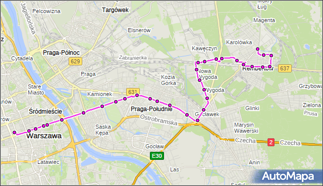 Mapa Polski Targeo, Autobus N24 - trasa DW.CENTRALNY - REMBERTÓW-AON. ZTM Warszawa na mapie Targeo