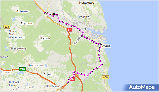 Mapa Polski Targeo, Autobus N30 - trasa Starochwaszczyńska - Rumia Dworzec PKP. ZKMGdynia na mapie Targeo