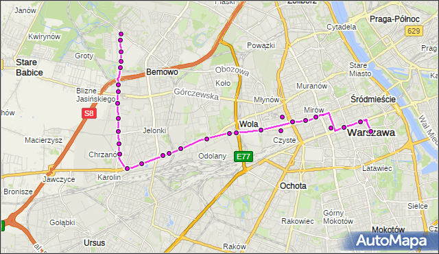 Mapa Polski Targeo, Autobus 105 - trasa PL.TRZECH KRZYŻY - STARE BEMOWO. ZTM Warszawa na mapie Targeo