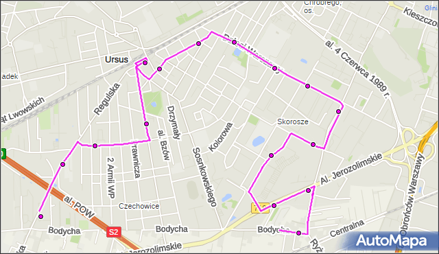 Mapa Polski Targeo, Autobus 207 - trasa REGULSKA - WKD OPACZ MI. ZTM Warszawa na mapie Targeo