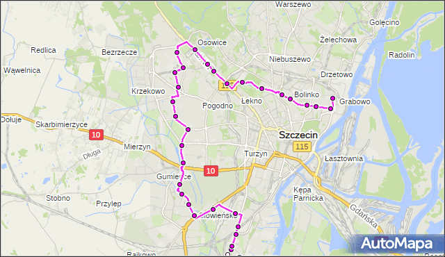 Mapa Polski Targeo, Autobus 53 - trasa Stocznia Szczecińska - Pomorzany Dobrzyńska. ZDiTM Szczecin na mapie Targeo