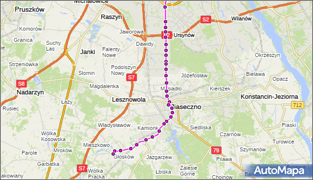 Mapa Polski Targeo, Autobus 727 - trasa METRO WILANOWSKA - GŁOSKÓW-SZKOŁA GS. ZTM Warszawa na mapie Targeo