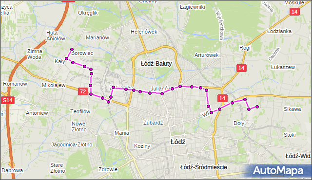 Mapa Polski Targeo, Autobus 81 - trasa Szczecińska (cmentarz) - Stokowska. MPKLodz na mapie Targeo