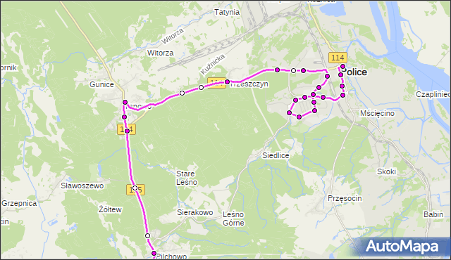 Mapa Polski Targeo, Autobus 103 - trasa Police Rynek - Głębokie. ZDiTM Szczecin na mapie Targeo