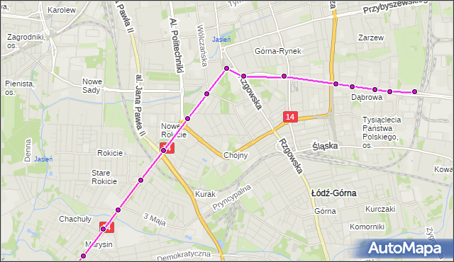 Mapa Polski Targeo, Tramwaj 4 - trasa Dąbrowa - ET-2. MPKLodz na mapie Targeo